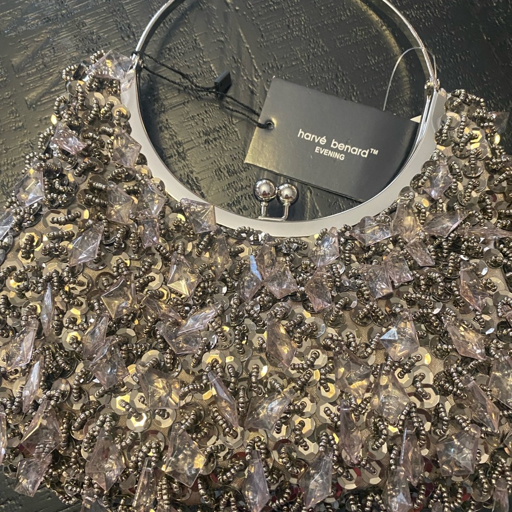 Harve Benard Silver Beaded Evening Clutch with Crystal Accents